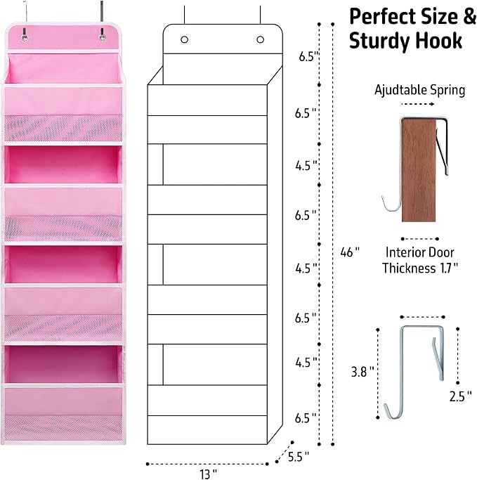 Giraffe Creation Compact Pink Over Door Organizer with 4 Large Clear Pockets, Compact Hanging Door Storage for Nursery, Bedroom, Bathroom, Closet, Baby Essentials