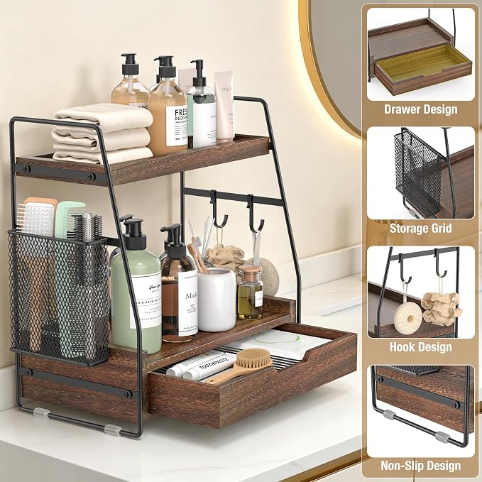 2-Tier Bathroom Counter Organizer with Drawer and Removable Basket, Wood Vanity Countertop Storage for Perfume, Makeup, Skincare, Bathroom Counter Shelf, 13" x 7.9" x 14.5", Dark Brown
