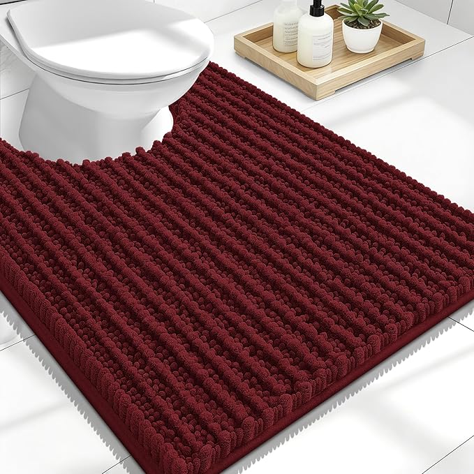 OLANLY Toilet Rugs U Shaped 24x20, Thick Soft and Absorbent Chenille Contour Bath Mat, Non-Slip Rubber Backing, Machine Washable Quick Dry Toilet Mat, Home Decor Accessories, Burgundy