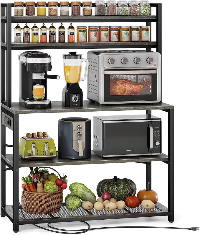 Denkee Large Bakers Rack with Power Outlets, 38 Inch Microwave Stand with Storage, 5-Tier Coffee Bar Stand, Industrial Kitchen Shelf Rack, Grey