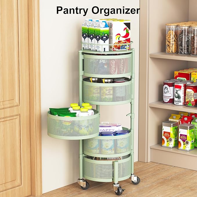 SAYZH Fruit Vegetable Basket for Kitchen, Rotating Storage Rack, 5 Tier Rolling Cart with top lid, Large Metal Wire Basket for for Potato Onion Snack, Green