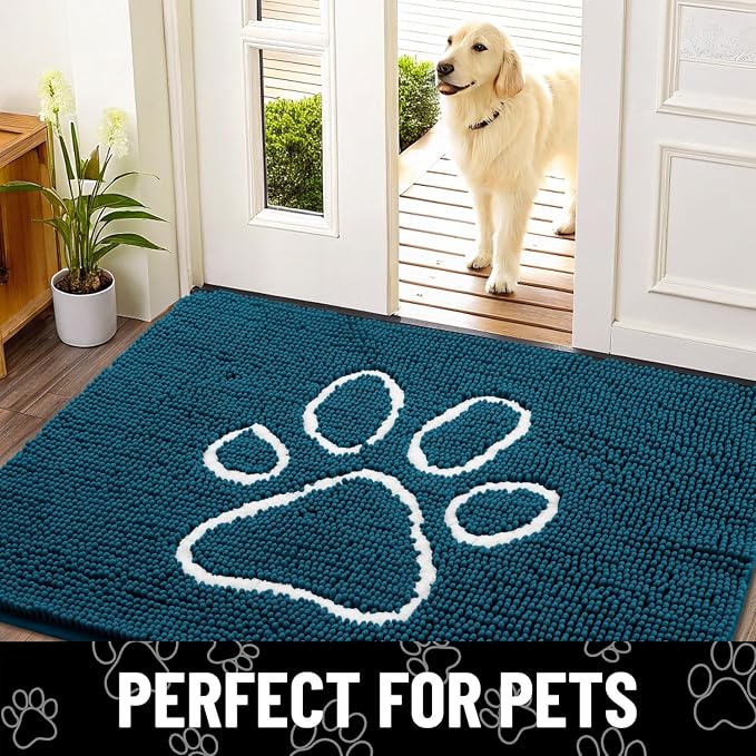 Smiry Dog Door Mat for Muddy Paws, Absorbent Dirt Trapper Non Slip Quick Dry Washable Chenille Mat for Mud Dogs, Entry Rug for Indoor and Outdoor (47x32 Inches, Atlantic Blue and White)