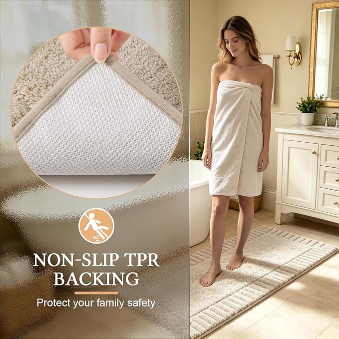 Pauwer Bathroom Rugs Sets 3 Piece Non Slip Machine Washable Bathroom Shower Rugs with U-Shaped Contour Toilet Mat Plush Shaggy Absorbent Microfiber Bath Mat Set, Light Beige