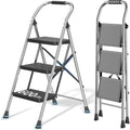 DIAMONDFORGE 3 Step Ladder Foldable Folding Stool - for Home Adults Kitchen, Iron, Black, Extension Tall Heavy Duty with Handrails - Closet Stepstool Extendable Stepladder for Indoor House 600 lbs