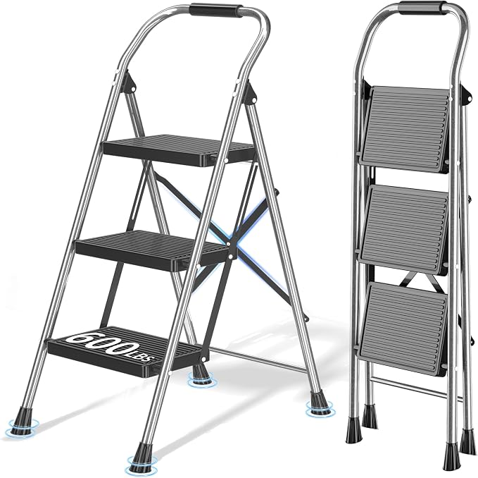 DIAMONDFORGE 3 Step Ladder Foldable Folding Stool - for Home Adults Kitchen, Iron, Black, Extension Tall Heavy Duty with Handrails - Closet Stepstool Extendable Stepladder for Indoor House 600 lbs