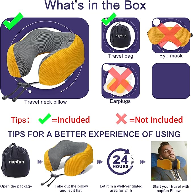 napfun Neck Pillow for Traveling, Upgraded Travel Neck Pillow for Airplane 100% Pure Memory Foam Travel Pillow for Flight Headrest Sleep, Portable Plane Accessories, Yellow