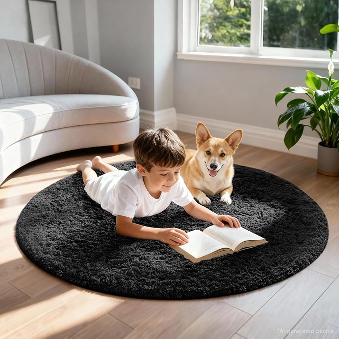 Ophanie Round Rug 4Ft Black Circle Area Rug, Room Decor for Men, Fluffy Fuzzy Bedroom Carpet, Plush Soft Shaggy Living Room Rugs for Kids Home Aesthetic, Nursery