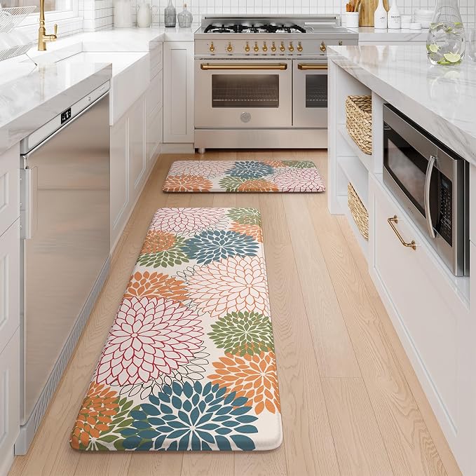 Kitchen Rugs and Mats Cushioned Anti Fatigue Kitchen Mat 2PCS Non-Skid Waterproof Kitchen Runner Rug Comfort Foam Standing Mat for Floors,Office,Laundry,Sink,Floral