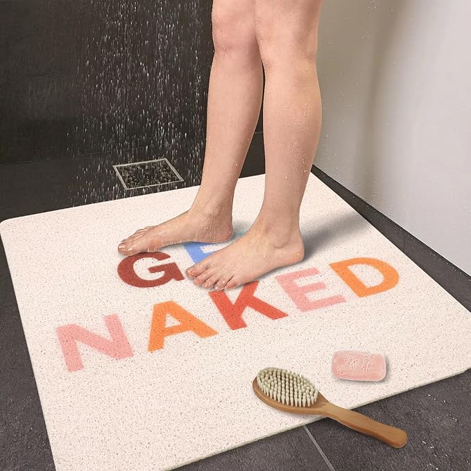 Get Naked Square Shower Mat, Non Slip Bath Mat Quick Drying Bathmat Easy Cleaning Shower Matt for Bathroom Floor, Cute Fun Bath Mats Textured Surface Shower Foot Scrubber Mat, 24″X24″