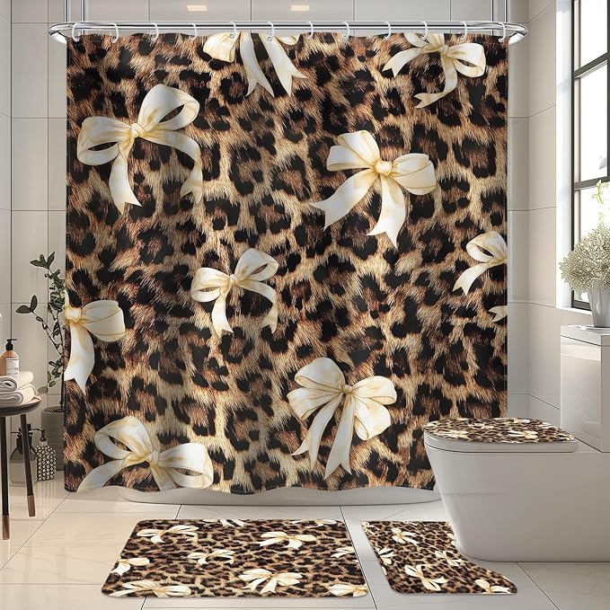 4 PCS Beige Bow Leopard Print Shower Curtain Set 72Wx72H,Toilet Lid Cover,Non-Slip Rugs and U-Shaped Mat,Vintage Chic Bathroom Sets with Rugs Shower Accessories 12 Hooks for Bathroom Decor