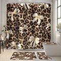 4 PCS Beige Bow Leopard Print Shower Curtain Set 72Wx72H,Toilet Lid Cover,Non-Slip Rugs and U-Shaped Mat,Vintage Chic Bathroom Sets with Rugs Shower Accessories 12 Hooks for Bathroom Decor