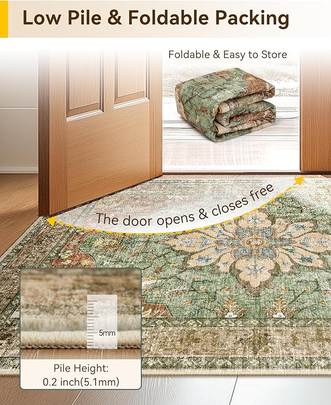 RELEANY Area Rugs 5'x7' Washable Non-Slip, Floral Vintage Distress Medallion Carpet for Living Room Bedroom Dining Room, Terracotta Burnt Orange Green