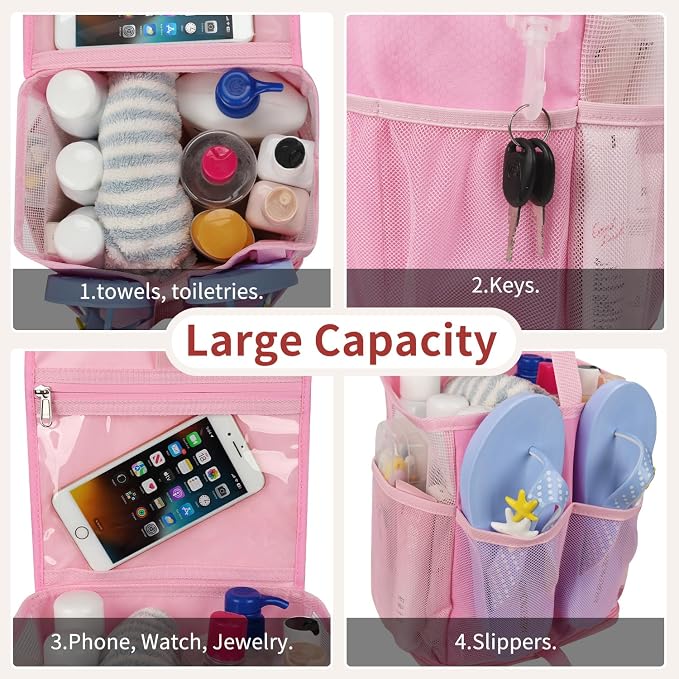 Ethereal Pink Hanging Mesh Shower Caddy Portable for College Dorm Room Essentials, Large Capacity Shower Bag for Guys/Girls, for Beach, Swimming, Gym