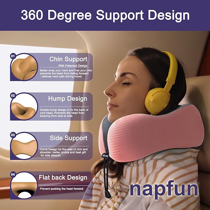 napfun Neck Pillow for Traveling, Upgraded Travel Neck Pillow for Airplane 100% Pure Memory Foam Travel Pillow for Flight Headrest Sleep, Portable Plane Accessories, Pink