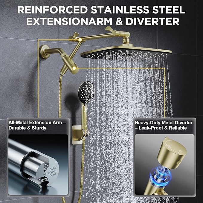 Veken 11.8" Rain Shower Head with Handheld, High Pressure Handheld Shower with Multi Spray Modes, Rainfall Combo with Metal Extension Arm, Detachable Dual Showerhead, Bathroom Decor, Gold