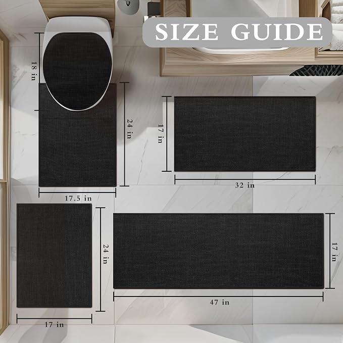 YIHOUSE Black Bathroom Rug Sets 5 Piece, Absorbent Bath Mat for Bathroom Non Slip Washable, Bathroom Mat Quick Dry, Thin Bath Rug Set for Toilet and Floor