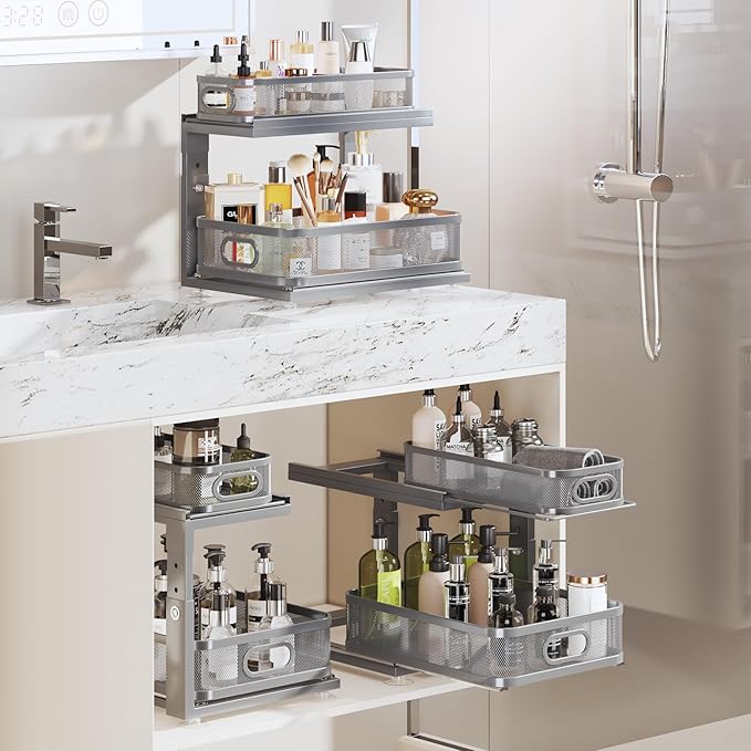 1 Pack Under Sink Organizer With Next-Gen Ball-Bearing Slides,2-Tier Precision Mesh Pull Out Cabinet Storage for Bathroom&Kitchen,Height Adjustable Drawers Shelf,Anti-rust-Grey