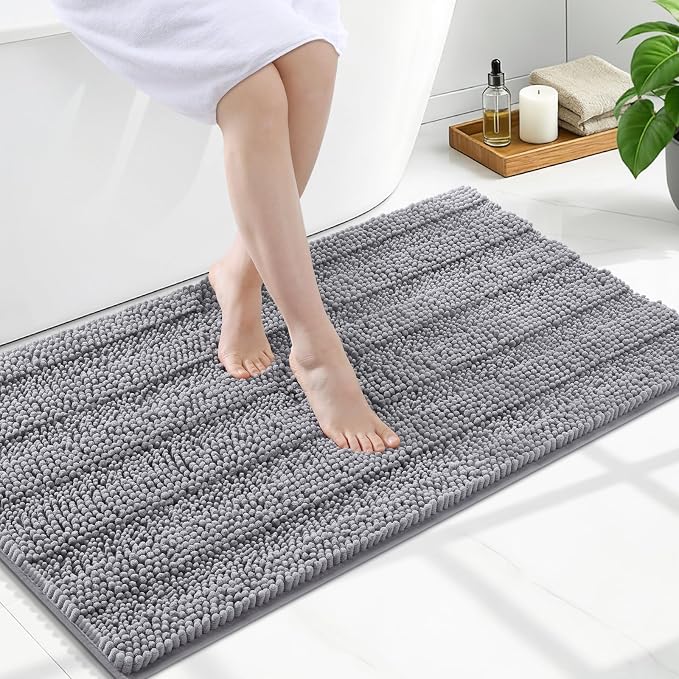 Grandaily Chenille Striped Bathroom Rugs 47x24, Extra Thick and Soft Absorbent Bath Mats, Rubber Backing, Plush Shaggy Shower Carpet, Machine Wash Dry, Bath Rug for Bathroom, Grey