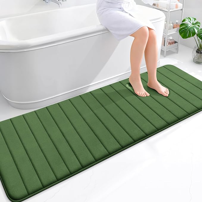 OLANLY Memory Foam Long Bathroom Rugs Runner 70x24, Super Soft Absorbent Bath Mat, Quick Dry, Machine Washable Shower Floor Rugs, Bathmat Carpet, Bathroom Home Decor Accessories, Olive Green