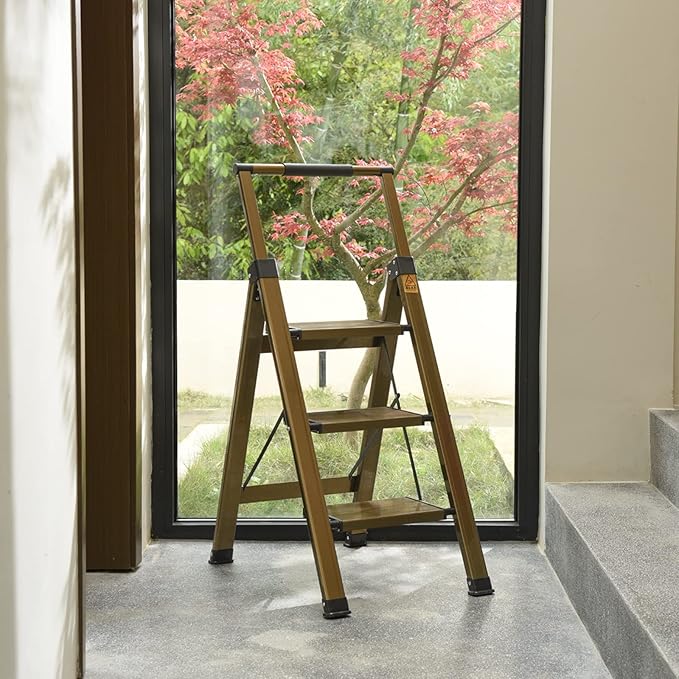 XinSunho 3 Step Ladder, Aluminum 3 Step Stool with Retractable Handrail and Anti-Slip Wide Pedal, Folding Stool Ladders 3 Steps, 330lbs Safety Household Slim Ladder