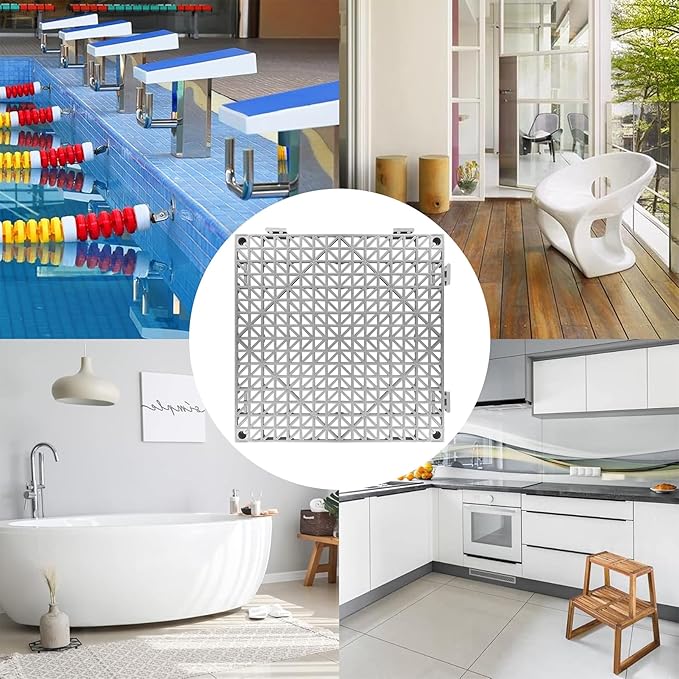 ToLanbbt Modular Interlocking Cushion 24P 11.8" x 11.8" Interlocking Rubber Floor Drain Holes Non-Slip Splicing Drainage Mats for Deck, Shower, Kitchen, Drain Pool, Sauna Bath, Indoor Outdoor (Grey)