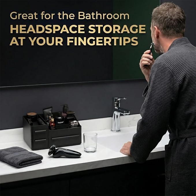 Mens Countertop Organizer for Cologne: Vanity Organizer With Drawers, Bathroom Counter Organizer for Razor, Shaving Lotion, Skincare, Deodorant, Fathers Day Gift for Dad