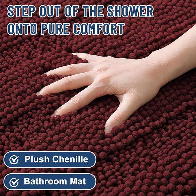 Grandaily Chenille Striped Bathroom Rugs 44x24, Extra Thick and Soft Absorbent Bath Mats, Rubber Backing, Plush Shaggy Shower Carpet, Machine Wash Dry, Bath Rug for Bathroom, Reddish Brown
