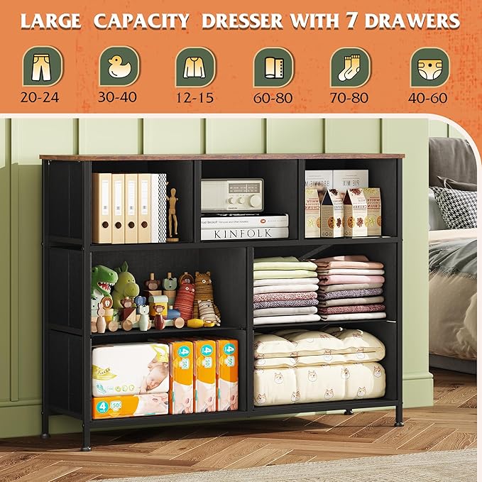 WLIVE 7 Drawer Dresser TV Stand, Entertainment Center, Media Console Table with Metal Frame and Wood Top for TV up to 45 inch, Chest of Drawers for Bedroom, Living Room, Pattern
