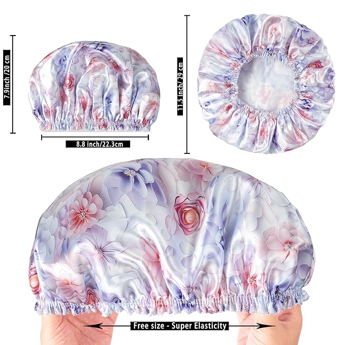 4 PCS Shower Caps for Women, 3D Printing Bath Caps, Double Layers Shower Cap Reusable Waterproof, Bathing Shower Caps, Environmental Protection Hair Bath Hat - Flower