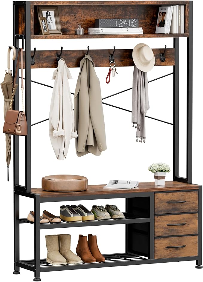 Lulive Hall Tree with 3 Drawers, Industrial Entryway 39.4" Coat Rack Shoe Bench, Freestanding Mudroom Organizer with 12 Hooks, Top Shelf Storage (Rustic Brown)