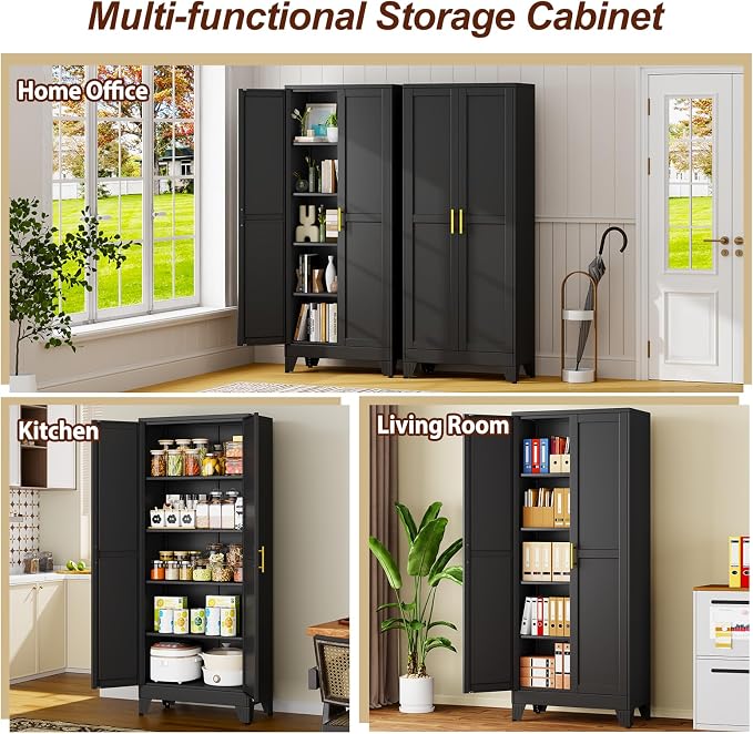 71" Black Metal Garage Storage Cabinet with 2 Doors and 4 Adjustable Shelves,Kitchen Pantry Cabinet,File Cabinet,Steel Tool Cabinet for Home,Office,Garage,School,Warehouse