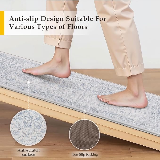 PureCozy Kitchen Mats 2PCS Anti Fatigue Cushioned Mat Light Blue Vintage Kitchen Mats for Floor Waterproof Non Slip Comfort Standing Retro Floral Rug for Sink Laundry Office 17.3"x59"+17.3"x30"