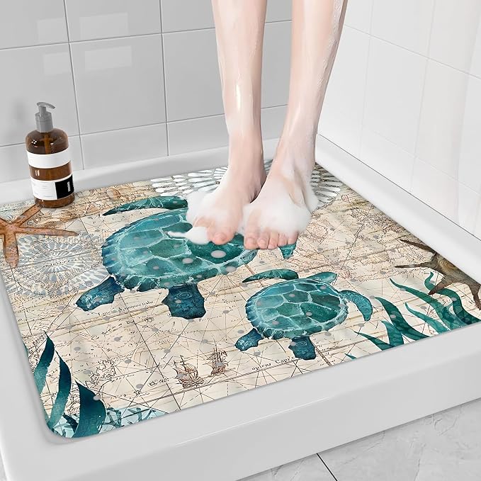 Sea Turtle Square Anti Slip Shower Mats for Inside Shower Accessories, Cute Bath Mats for Bathroom Non Slip Shower Floor Mat Decor Rubber Bathmat With Suction and Drain Holes Machine Washable, 21″X21″