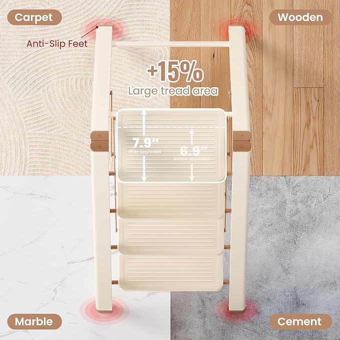 4 Step Ladder, 4 Step Stool for Adults, Folding Step Ladder with Secure Footing, Widened Pedal, Aesthetically Pleasing Looking, Blends Right into Domestic Rooms, Cream Chocolate
