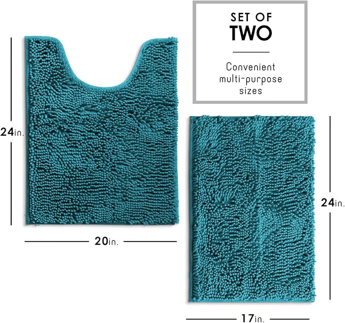 Hearth & Harbor Bathroom Rugs, Chenille Bath Mat - Machine Washable Bath Mats for Bathroom Non-Slip Backing Rubber, Quick Dry Bathroom Mat - Teal Blue 17x24-20x24