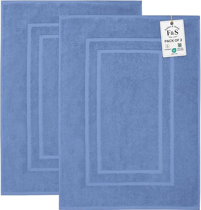 Feather & Stitch 2 Piece Towel Like Bath Mats (30x21 Inch) 100% Cotton Terry Bath Mats, Bathroom Shower Floor Mats [NOT A Bathroom Rug], Soft Absorbent Washable Mats - Faded Denim