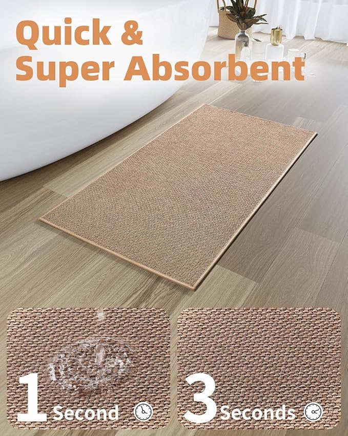PADOOR Non-Slip Bath-Mats for Bathroom, Rubber-Backing Braided Absorbent Bathroom Mat Machine Washable Thin Bathroom Rugs Fit Under Door Quick Dry Bath Rugs for Floor, 17''x30'' Beige