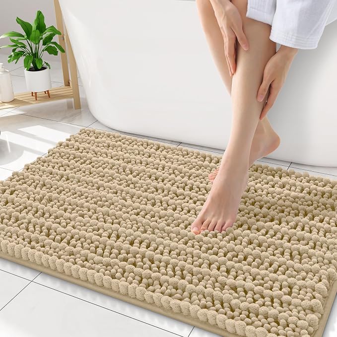 Smiry Bathroom Rugs Mat 32x20, Extra Soft Absorbent Chenille Bath Rugs, Non Slip Rubber Backing Machine Washable Quick Dry Bath Mats for Bathroom Floor, Tub, Shower, Home Decor Accessories, Beige