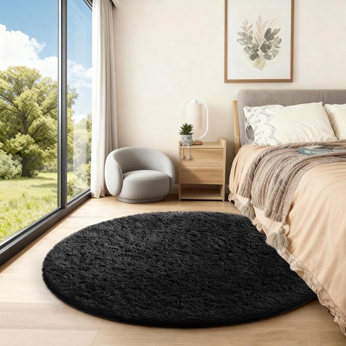 Ophanie Round Rug 4Ft Black Circle Area Rug, Room Decor for Men, Fluffy Fuzzy Bedroom Carpet, Plush Soft Shaggy Living Room Rugs for Kids Home Aesthetic, Nursery