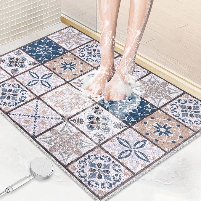 Shower Mat Non Slip Large Bath Tub Mat Non Slip 24''x32'' Loofah Bathroom Shower Mat for Inside Shower Soft Textured Foot Massage Pad Bathroom Floor Mat for Wet Area No Suction Cups Quick Dry