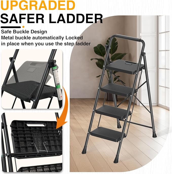 Step Ladder, Portable Steel Folding Step Stool with Wide Anti-Slip Pedal & Convenient Handgrip, Sturdy Steel Ladder, 4-Step, Black