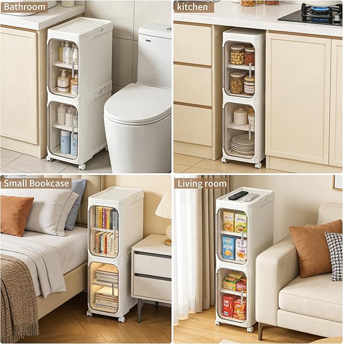 LXLXXL Narrow Storage Cabinet Slim Bathroom Storage Cabinet with Movable Wheels Tall Bathroom Organizer Skinny Cabinet for Small Spaces，2-Tier White