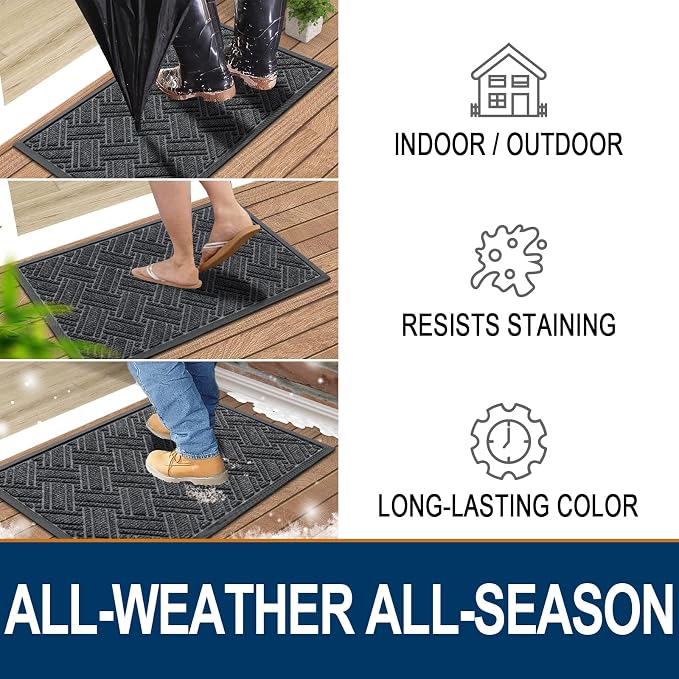 OLANLY Indoor Outdoor Mat, Sturdy Natural Rubber Floor Mat, Non Slip Low Profile Waterproof Doormat, and Stain Front Door Mats, Easy Clean Patio Entrance Mat, 30''x17'', Grey
