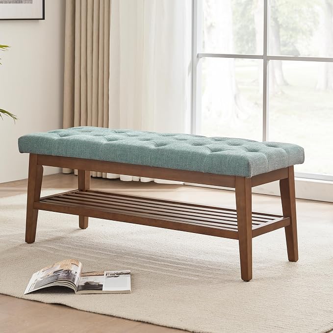 HUIMO Entryway Shoe Bench, End of Bed Bench,Upholstered Button-Tufted Bench for Kitchen, Fabric Ottoman Bench for Living Room, Padded Bench with Solid Wood Shelf,Teal