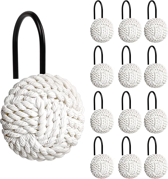Sunlit Boho Knots Shower Curtain Hooks, Home Decorative White Shower Curtain Rings with Black Hooks for Bathroom, Seaside Nautical Shower Curtain Hangers Bathroom Accessories, Set of 12