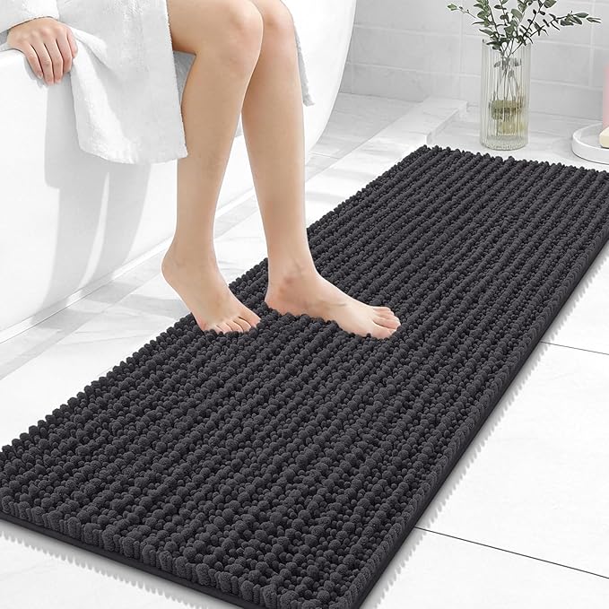 OLANLY Long Bathroom Rugs Runner 47x17, Thick Soft and Absorbent Chenille Bath Mat, Non-Slip, Machine Washable Quick Dry Bath Rugs for Tub Shower Floor, Home Decor Accessories, Dark Grey