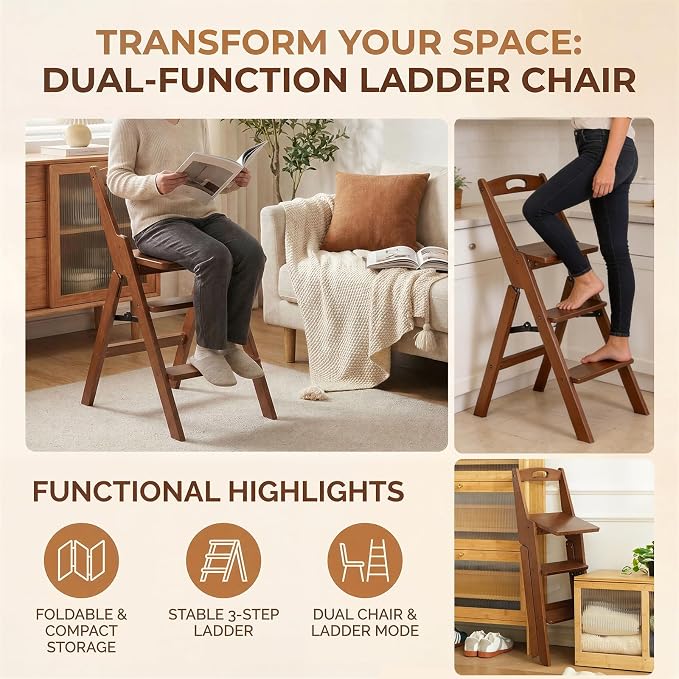 Baveke 3 Step Ladder Folding Step Stool with Handle, Wooden Step Stool Foldable and Kitchen Step Stools for Adults, Closet Stepstool & Collapsible Stool for Kitchen, Home, Indoor（FSC-Certified Bamboo）