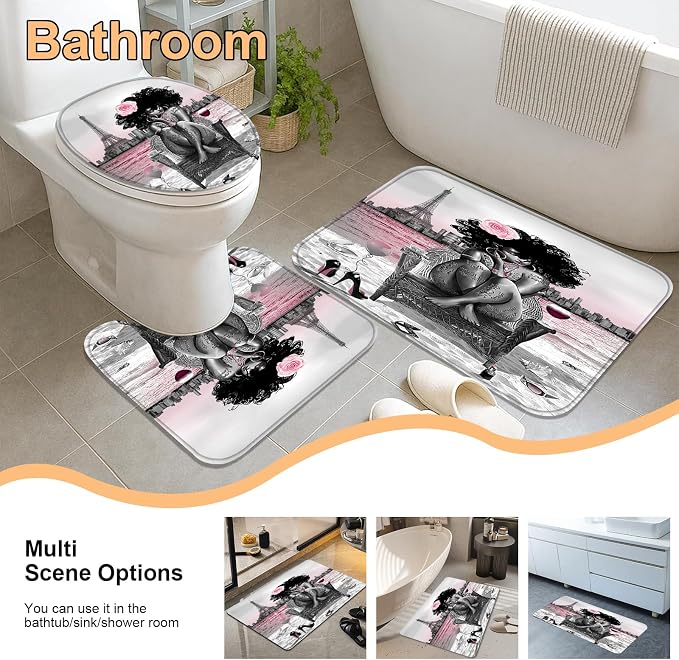 4Pcs Black Girls Bathroom Sets with Shower Curtain and Rugs, African Shower Curtain Set for Women, Eiffel Tower Pink Pattern Waterproof Fabric with 12 PCS Hooks, Cortina de baño Set completo