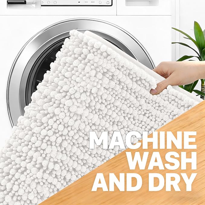 OLANLY Bathroom Rug Mat 34x21, Thick Soft and Absorbent Chenille Bath Mat, Non-Slip Rubber Backing, Machine Washable Quick Dry Bath Rugs for Tub Shower Floor, Home Decor Accessories, Ivory