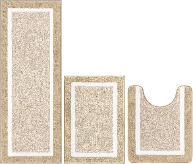 Pauwer Bathroom Rugs Sets 3 Piece Bathroom Shower Rugs with U-Shaped Contour Toilet Mat Absorbent Microfiber Plush Bath Mats Non Slip Bath Rugs Machine Washable Shaggy Bath Floor Mats